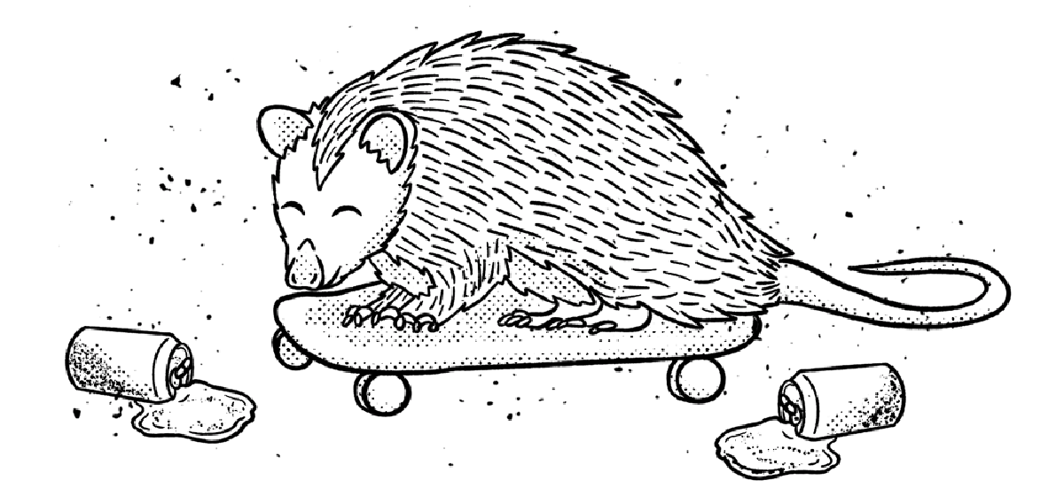 An opossum riding a skateboard with spilled cans surrounding it.